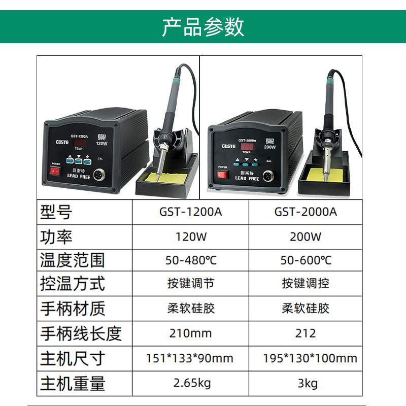 GUSTE数显200W高频焊台大功率电烙铁工业级2000A恒温电洛铁锡焊台