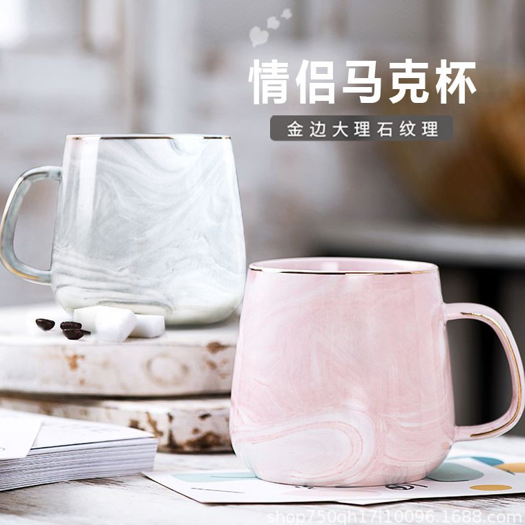 热卖大理石情侣创意喝水杯陶瓷家用杯子马克杯咖啡杯带盖勺茶杯