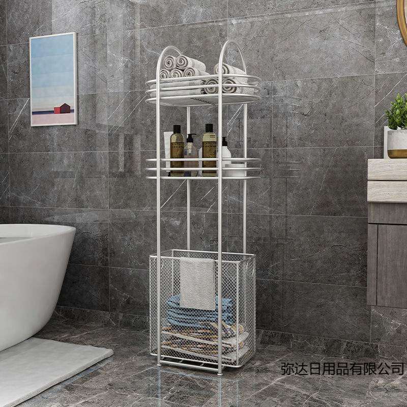 北欧轻奢卫生间置物架落地浴巾毛巾架免打孔 浴室浴缸边脏衣篮架