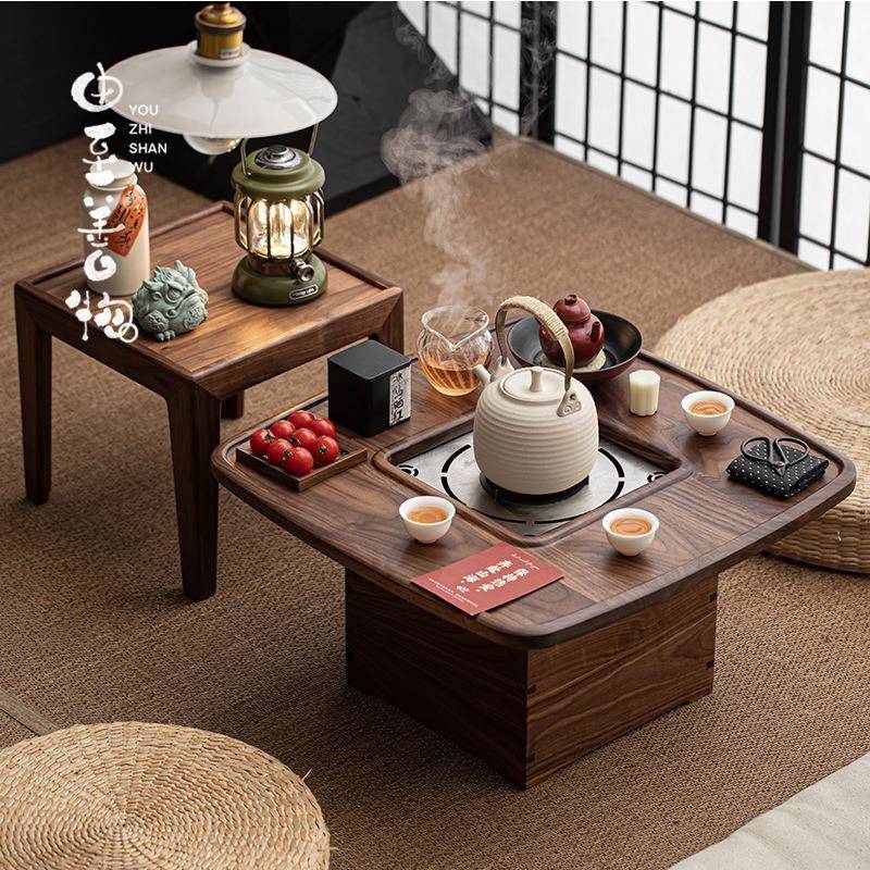 由至炭火围炉煮茶桌胡桃木茶几原木茶台全实木家用圆形桌泡茶台