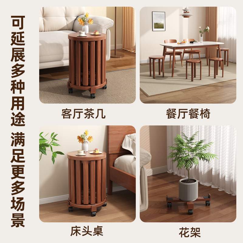 实木可叠放凳子叠叠乐圆凳带滑轮待客餐桌凳木凳备用收纳折叠椅子