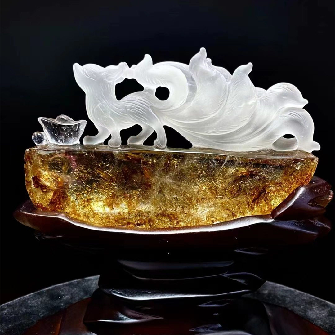 天然原矿白水晶黄皮胶花原石九尾灵狐九尾狐仙水晶原石胶花摆件