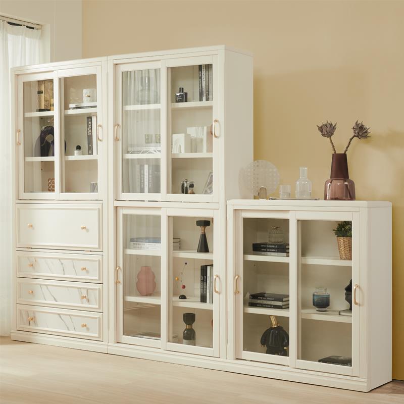 7K书柜实木推拉门白色带玻璃客厅展示柜儿童落地靠墙书架收纳柜防