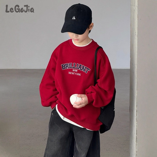 男童加绒卫衣秋冬款2025新款大儿童装冬季一体绒加厚打底上衣冬装