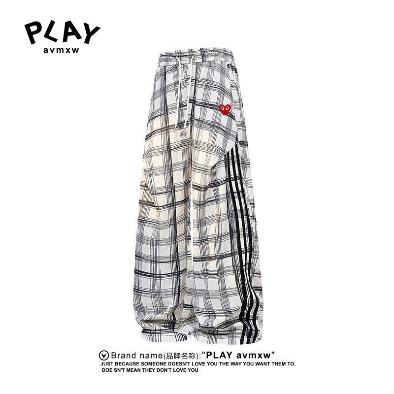 PLAY AVMXW 官方休闲裤美式格子条纹拼接男女款潮流宽松阔腿长裤