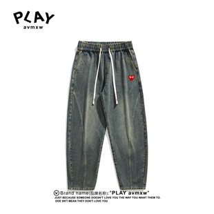 冬季 官方牛仔裤 情侣款 潮牌弯刀宽松直筒裤 PLAY 松紧腰长裤 AVMXW