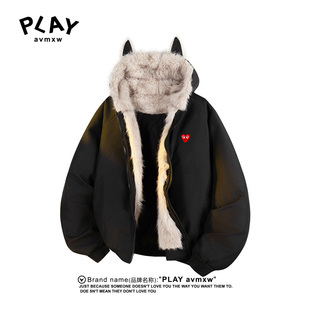潮流情侣款 PLAY 新款 官方棉衣冬季 加绒加厚座山雕连帽外套 AVMXW