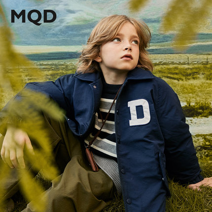 MQD童装刺绣男童外套中大童衬衫款新款儿童翻领中长款三防羽绒服