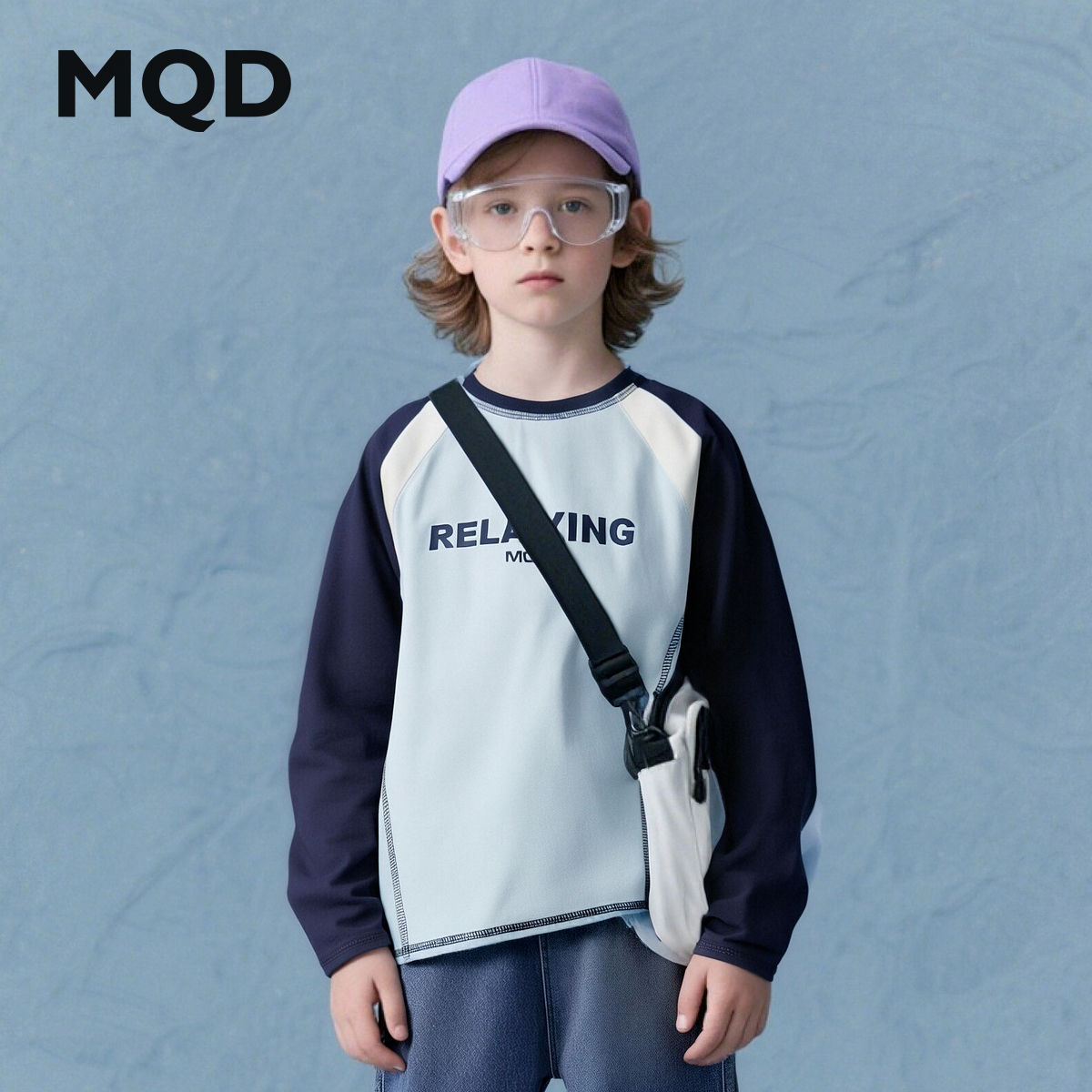 MQD童装男童25秋款街潮宽松撞色插肩袖字母亲肤长袖T恤中大童打底