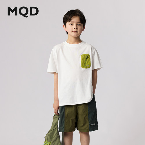 MQD童装男中大童2026年夏季新款简约撞色口袋休闲儿童短袖T恤上衣