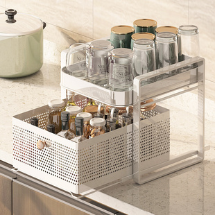 托盘沥水盒 家用水杯收纳玻璃杯架子台面置物架厨房隔板双层抽拉式