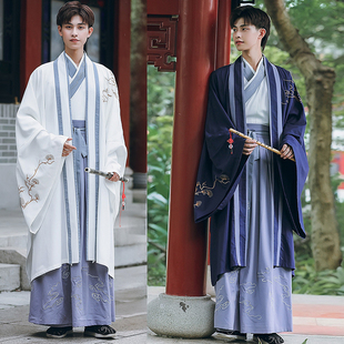 租赁汉服男款蓝白色国风古装宋制对襟交领襦裙中秋国庆文艺演出服