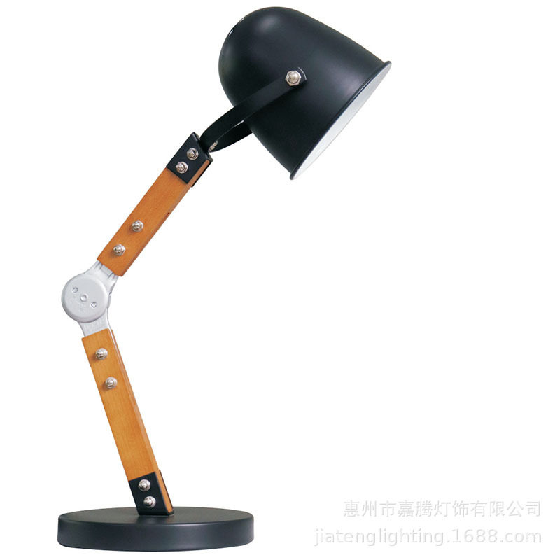 欧式简约卧室床头灯可调摇臂阅读家居装饰折叠铁艺木质台灯桌灯