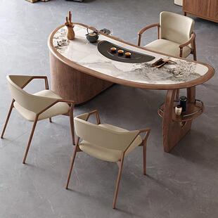 新中式茶桌家用阳台实木弧形岩板茶桌椅组合现代简约白蜡木茶台桌