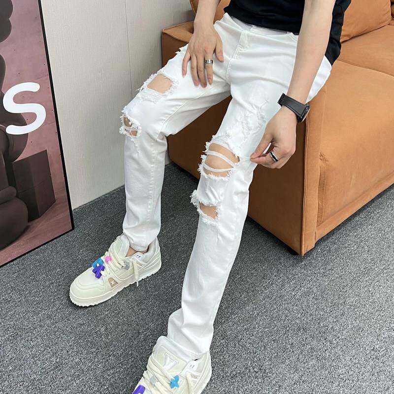 春夏新款高街破洞牛仔裤男裤修身小直筒黑色乞丐潮牌白色嘻哈裤子