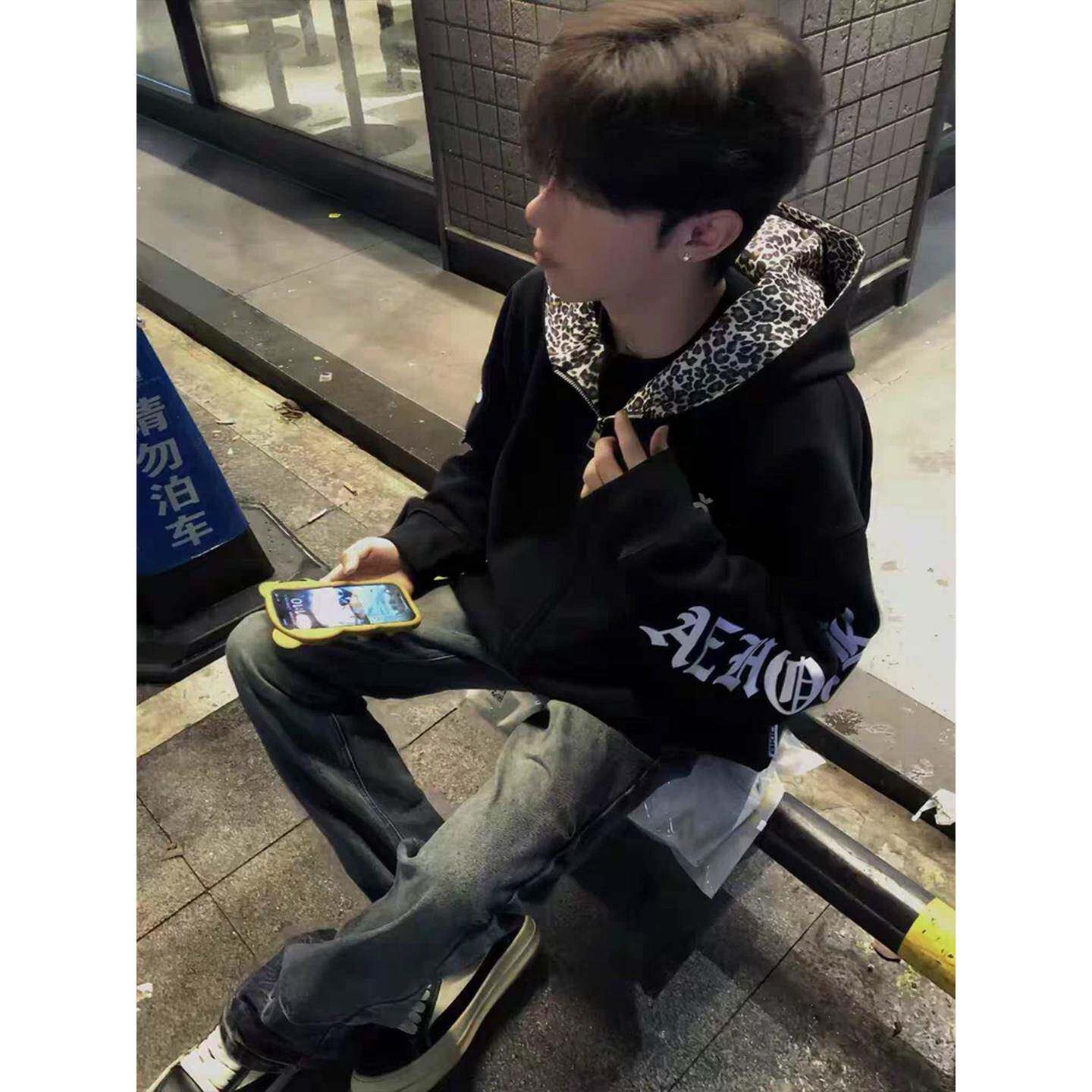 美式高街豹纹拼接连帽开衫卫衣男春秋薄款宽松潮牌情侣装刺绣外套