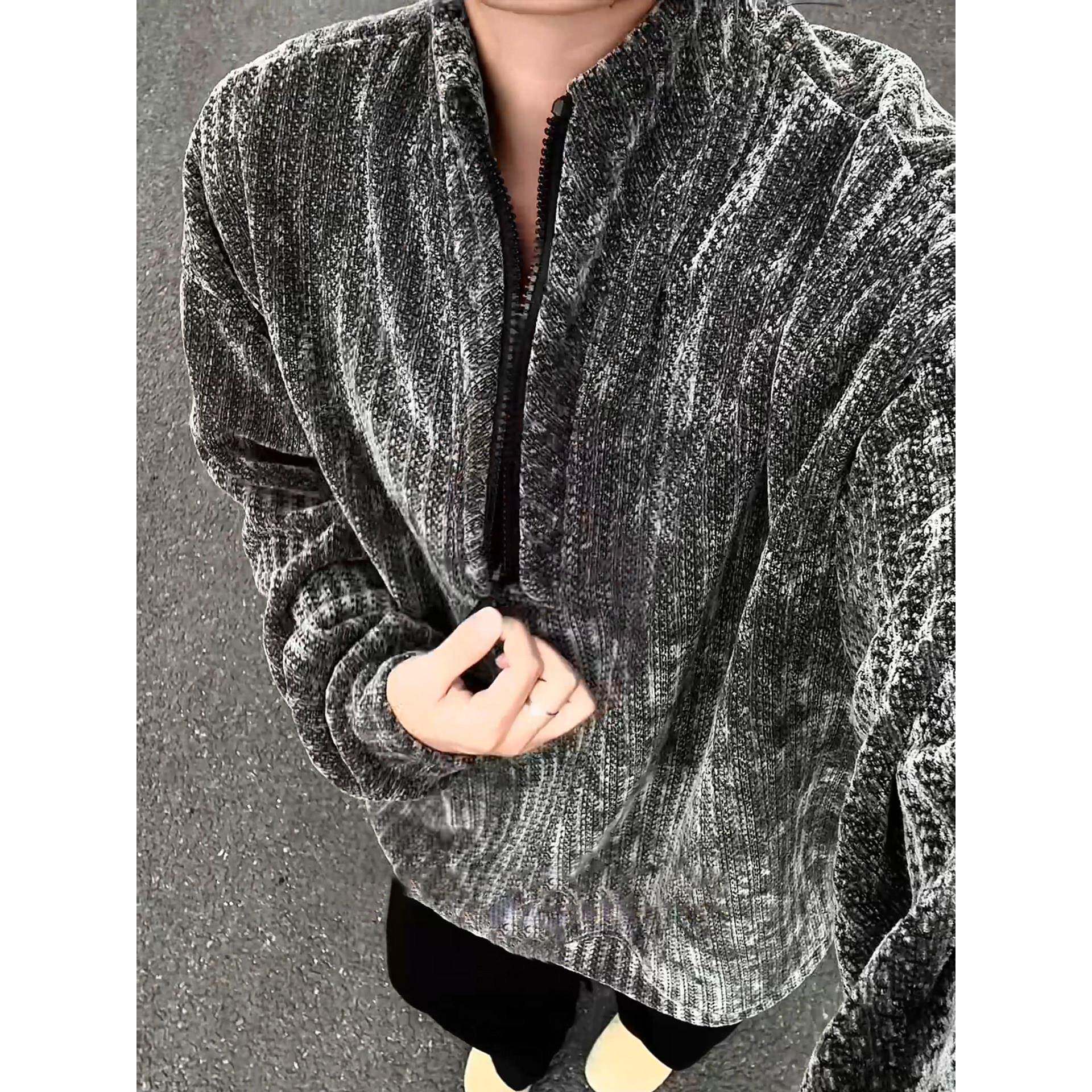 鱼纹半拉炼立领卫衣男款秋式重磅雪尼尔骨长袖tQQY恤打底po冬美lo