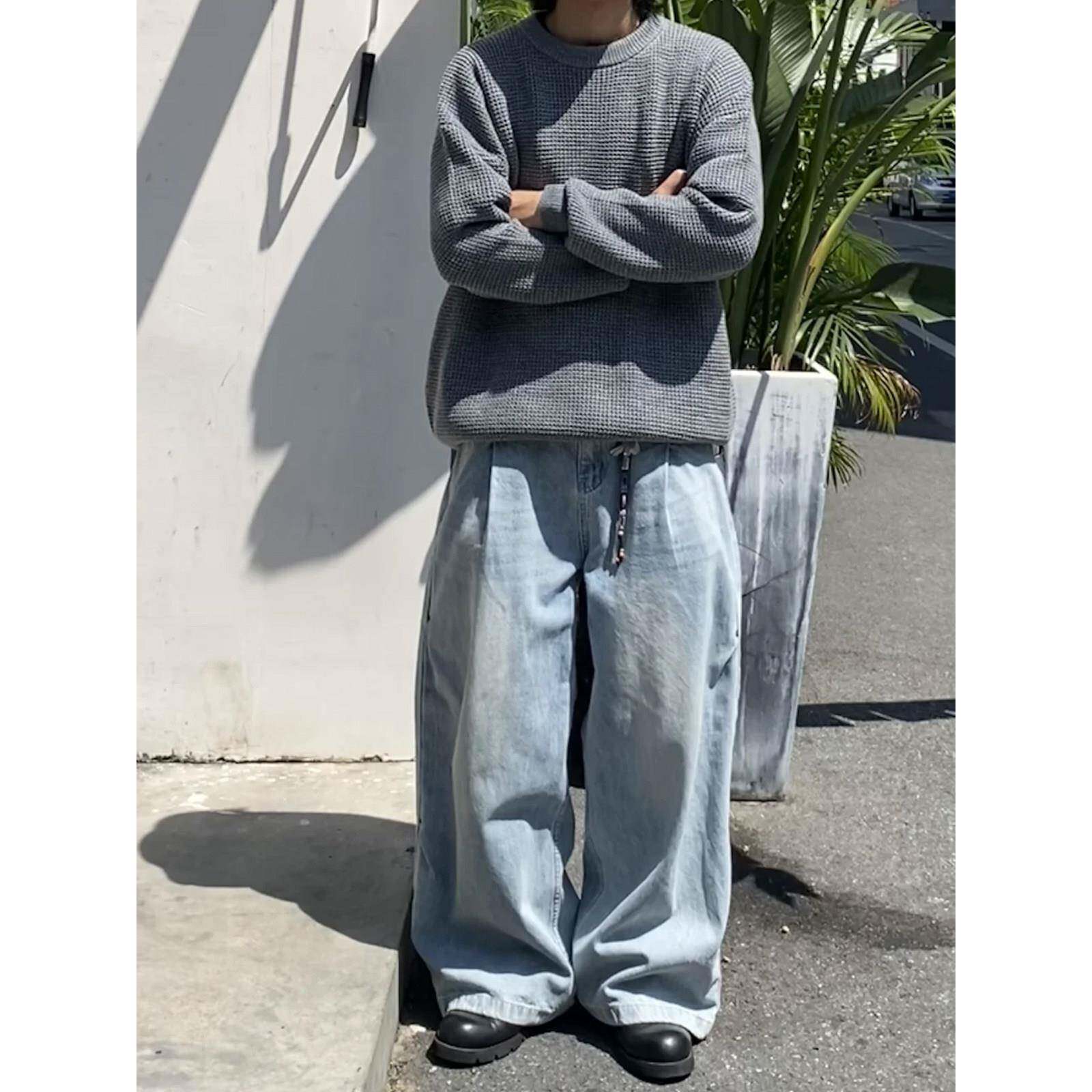 式覆古美baggyBQJ宽松水洗做旧牛裤男女休闲仔直口筒袋双褶阔腿长
