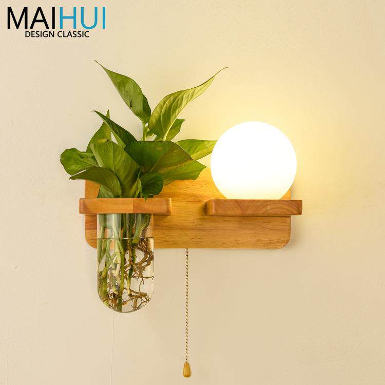北欧实木绿植壁灯日式原木led墙灯置物架拉绳开关床头灯创意设计