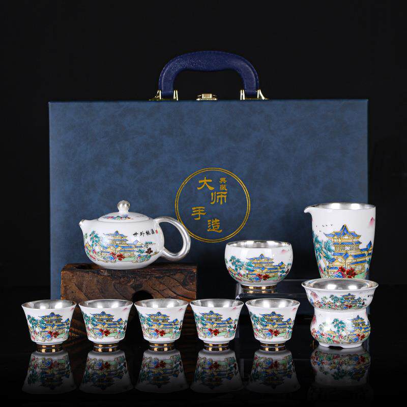 景德镇珐琅彩鎏银茶具陶瓷套装足银整套功夫茶杯泡茶茶壶悬停盖碗