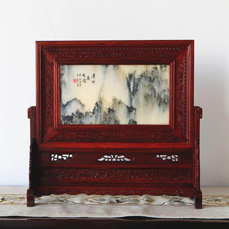 天然石画插屏花梨木屏风台屏摆件红木屏风中式桌屏摆件