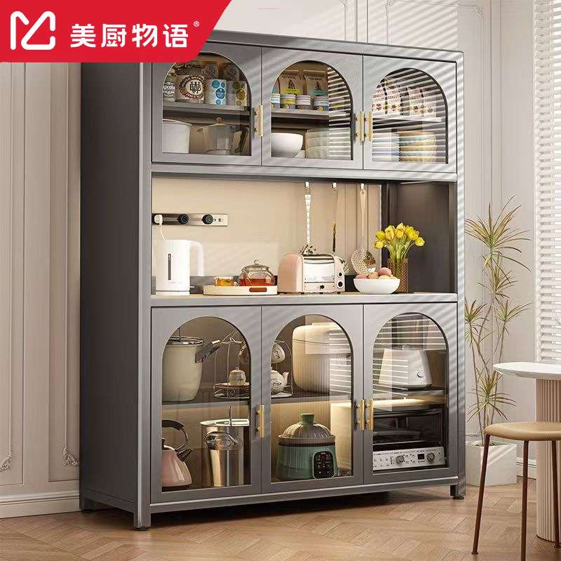 带抽屉玻璃橱柜厨房置物架落地钢化玻璃餐边柜电器收纳储物柜子