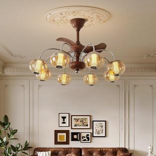 法式 复古餐厅书房灯胡桃木色卧室房间灯 轻奢中古客厅风扇灯美式