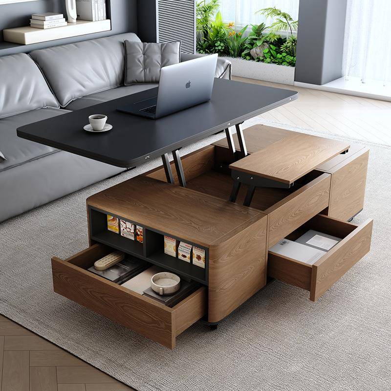 多功能岩板升降茶几餐桌一体两用二合一小户型家用带凳客厅可移动