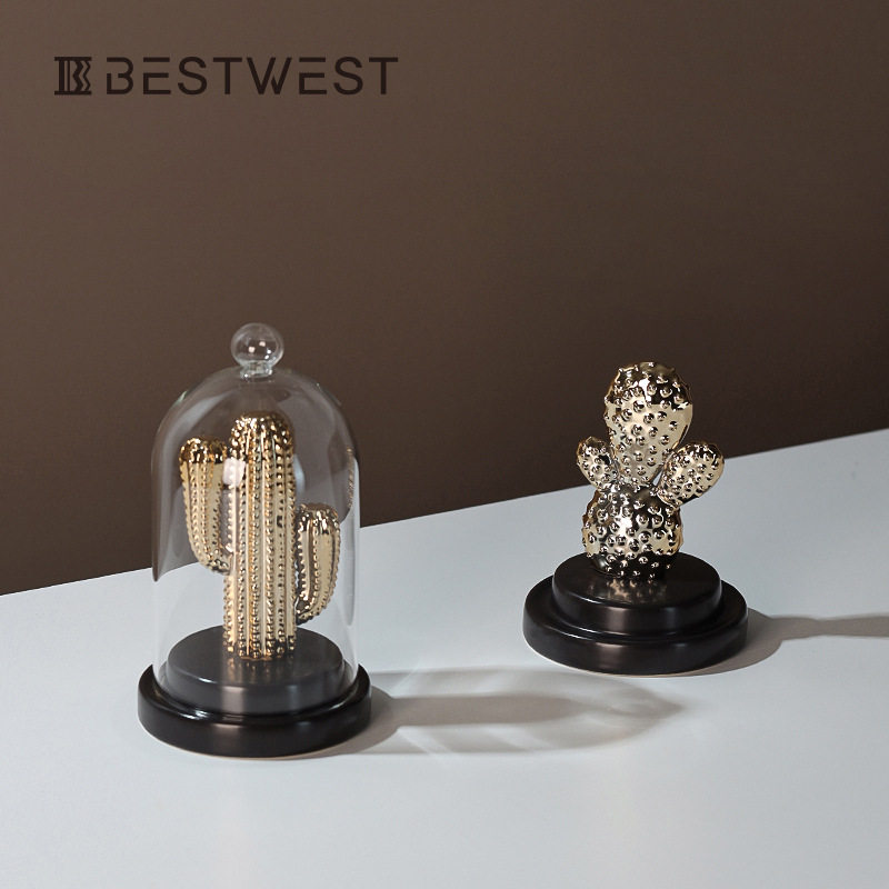 Best west 创意轻奢金色仙人掌玻璃罩陶瓷摆件家居软装房间装饰品