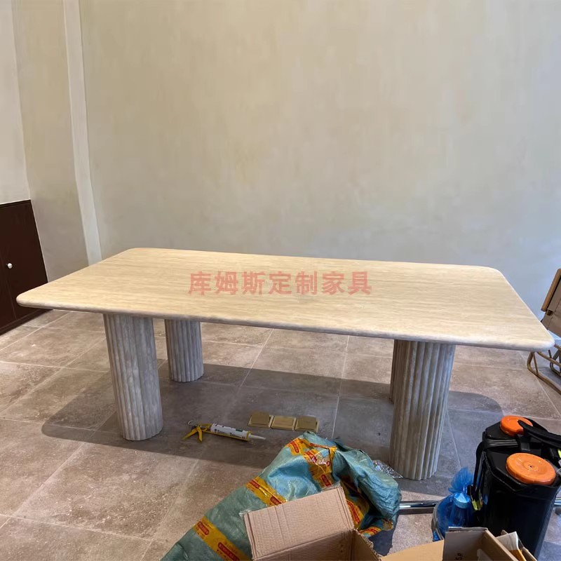 意式极简天然洞石长餐桌