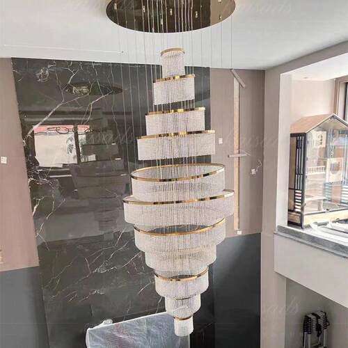 别墅复式楼水晶灯旋转楼梯长吊灯中空挑高客厅大吊灯轻奢loft吊灯