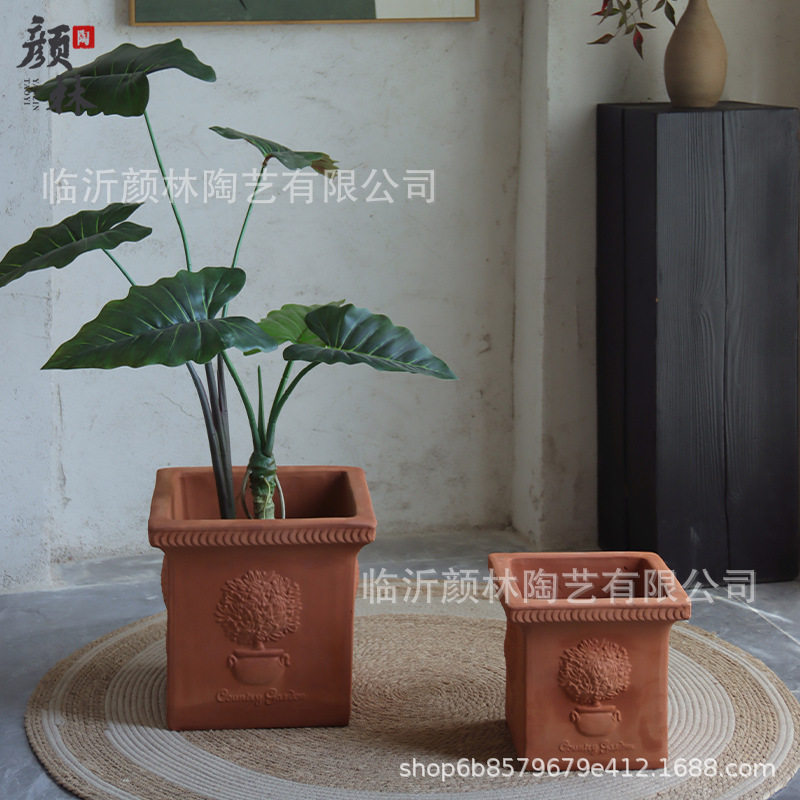 方形红陶花盆粗陶透气欧式浮雕盆园林景观造景庭院户外种植花盆田