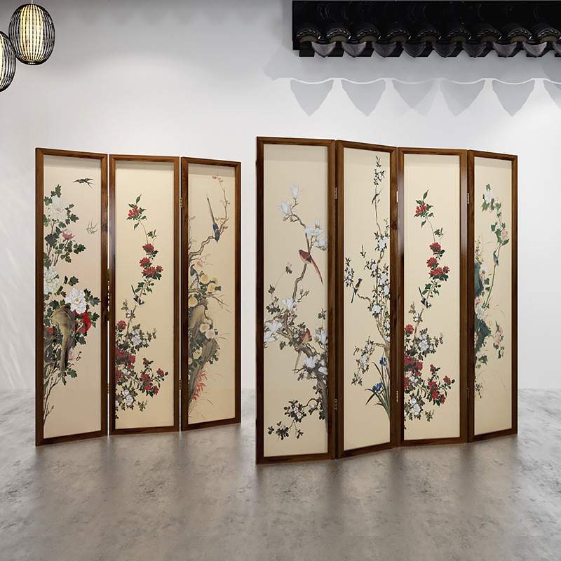 新中式屏风隔断茶室办公室现代实木花鸟装饰玄关折叠镂空移动折屏