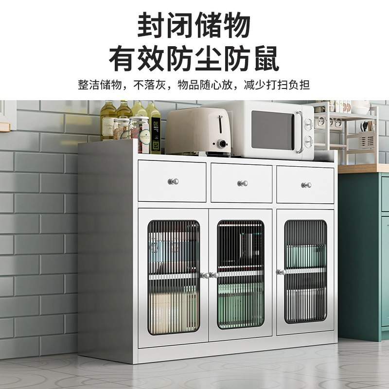 加厚不锈钢餐边柜厨房碗柜落地橱柜玻璃门储物柜烤箱锅具收纳柜子