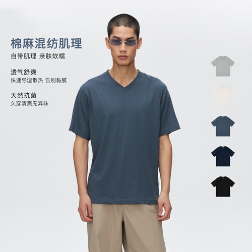 Oneup棉麻混纺V领短袖T恤