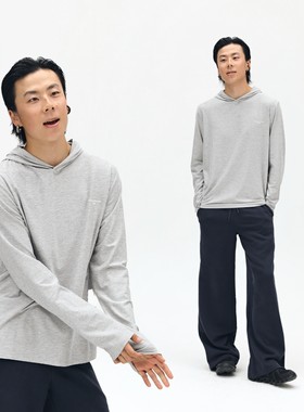 Oneup运动弹力连帽长袖T恤休闲基础纯色百搭套头打底衫轻薄卫衣男