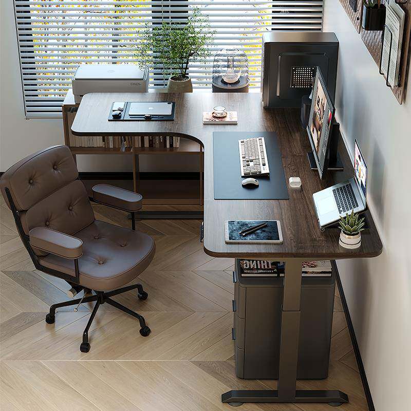 0J书房家用L型电脑桌胡桃转角实木电动升降书桌简约站立拐角办公