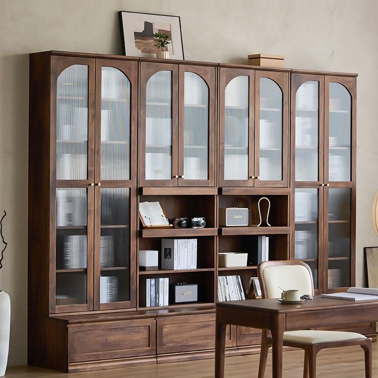 北美黑胡桃木全实木满墙书柜简约樱桃木原木书房多功能储物架书架
