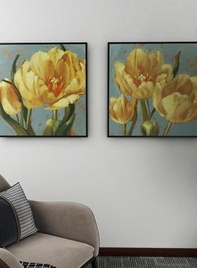 纯手绘油画双联装饰画花卉挂画郁金香卧室床头画成品客厅背景壁画