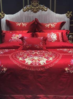 婚庆四件套大红新婚喜被中式刺绣床单被套结婚套件1.8m床上用品