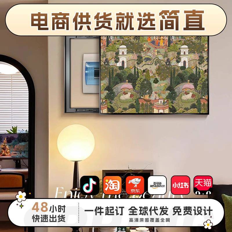中古风玄关电表箱装饰画斋普尔花园客厅餐厅推拉式配电箱遮丑挂画