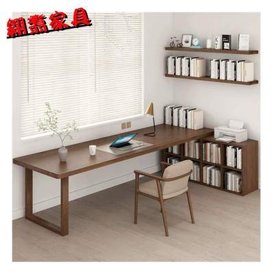 现代简约全实木转角书桌书柜一体家用办公桌靠墙拐角L型写字桌