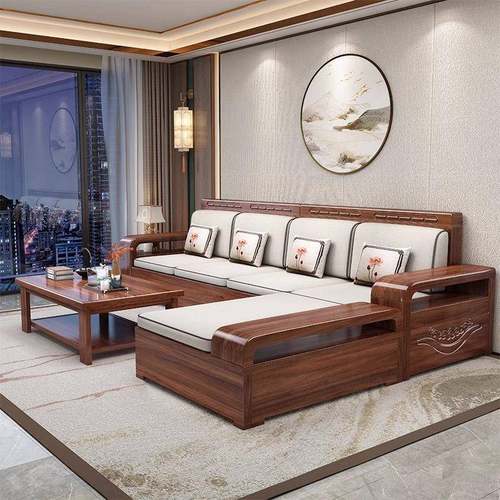 2025新款新中式胡桃木客厅组合沙发冬夏两用高箱储物花全实木沙发