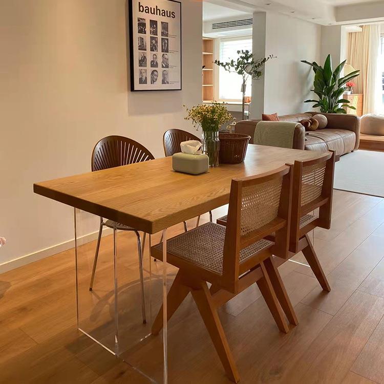 北欧实木餐桌亚克力透明悬浮创意饭桌家用小户型原木色餐桌椅组合