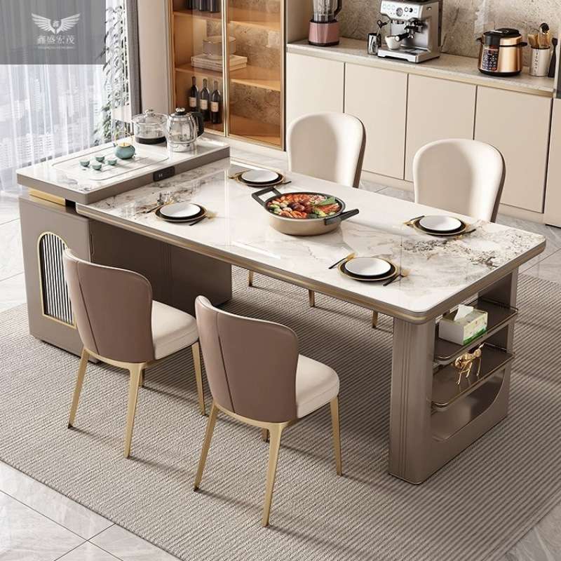轻奢风电磁炉一体岛台餐桌家用小户型极简可伸缩多功能餐桌椅组合
