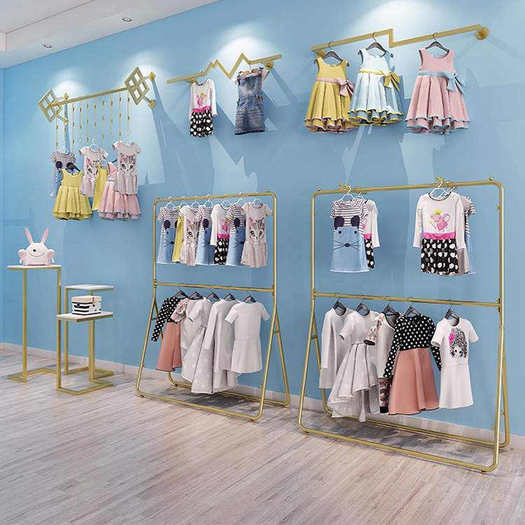 服装店货架陈列展示架装修效果图落地式挂衣杆童装店上墙双层衣架