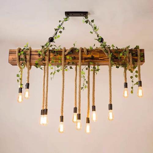 复古工业风长方盒麻绳吊灯船木创意餐厅吧台店铺商用个性绿植吊灯