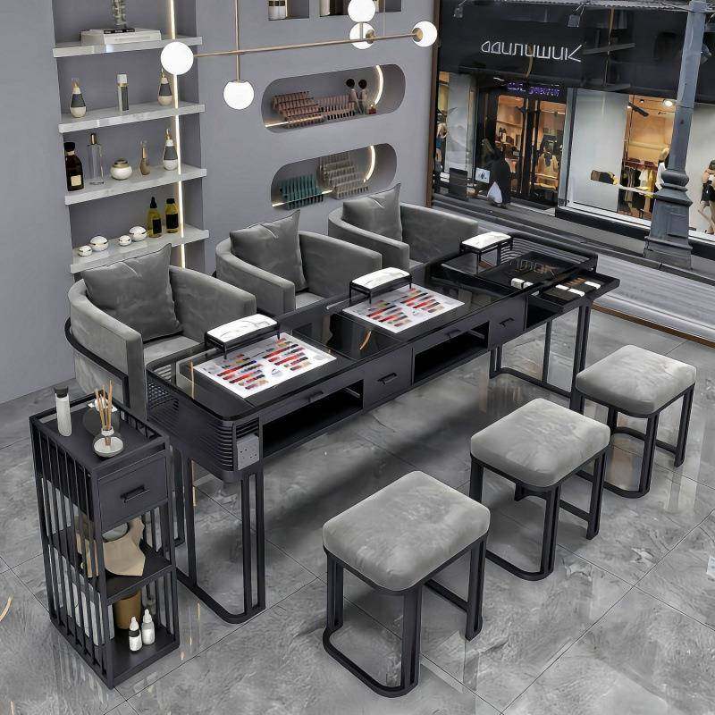 黑色系美甲桌椅套装双层简约美甲台美甲店单双三人时尚网红修甲桌