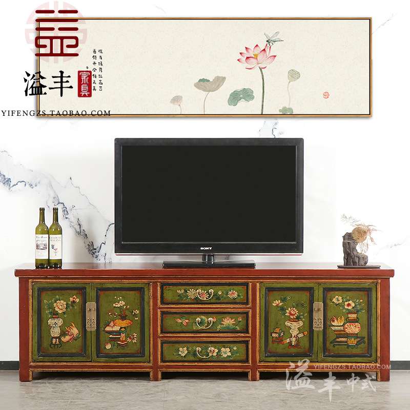 新中式电视柜实木古典做旧视听柜矮柜储物柜彩绘描花地柜装饰柜