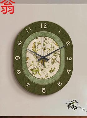 E4C法式复古客厅挂钟高级感中古风餐厅装饰画创意钟表挂墙绿色时